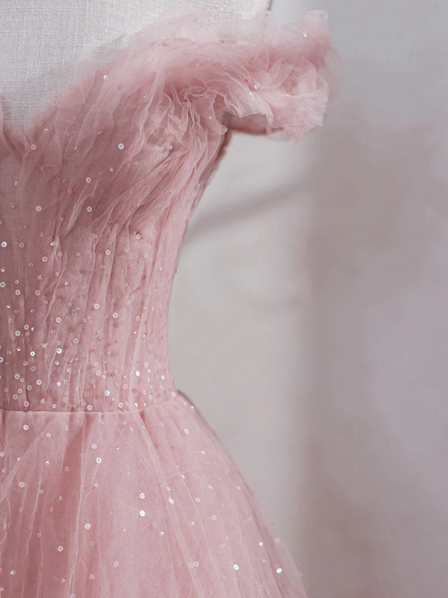 Pink Off Shoulder Tulle Tea Length Prom Dress Pink Tulle Wedding Party Dresses simple gentle atmospheric and unique desi Bring summer colors to enhance whiteness