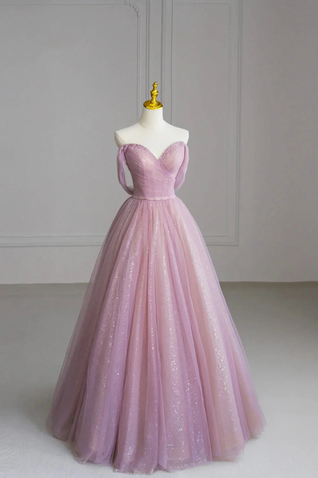 Pink Off the Shoulder Tulle Sequins Evening Prom Dress Beautiful A-Line Party Dress simple gentle atmospheric and unique desi Bring summer colors to enhance white