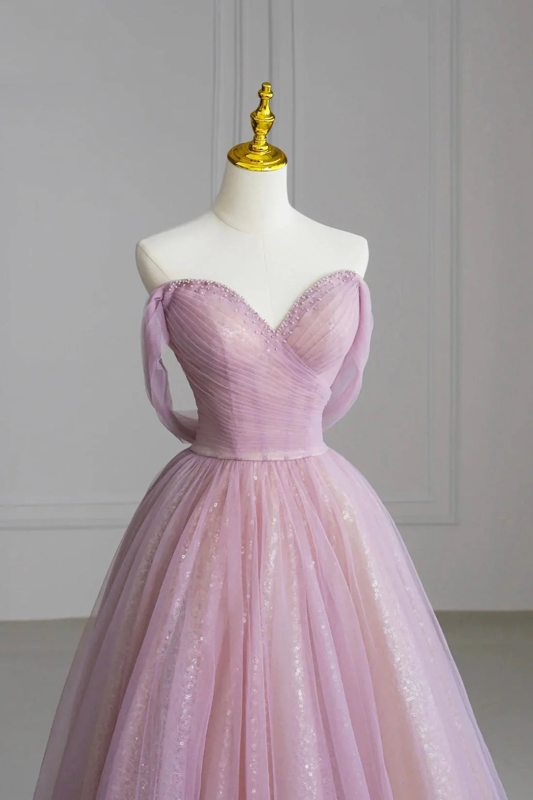 Pink Off the Shoulder Tulle Sequins Evening Prom Dress Beautiful A-Line Party Dress simple gentle atmospheric and unique desi Bring summer colors to enhance white