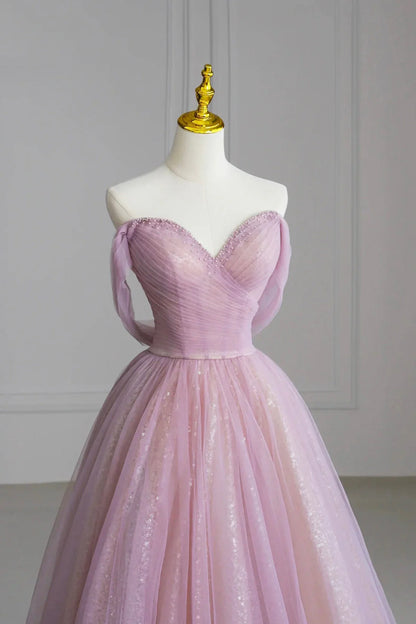 Pink Off the Shoulder Tulle Sequins Evening Prom Dress Beautiful A-Line Party Dress simple gentle atmospheric and unique desi Bring summer colors to enhance white