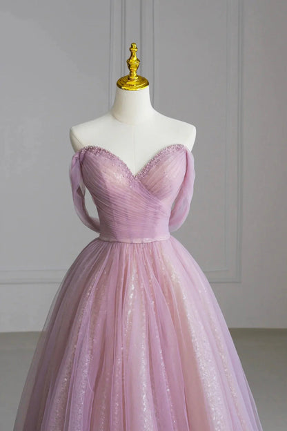 Pink Off the Shoulder Tulle Sequins Evening Prom Dress Beautiful A-Line Party Dress simple gentle atmospheric and unique desi Bring summer colors to enhance white