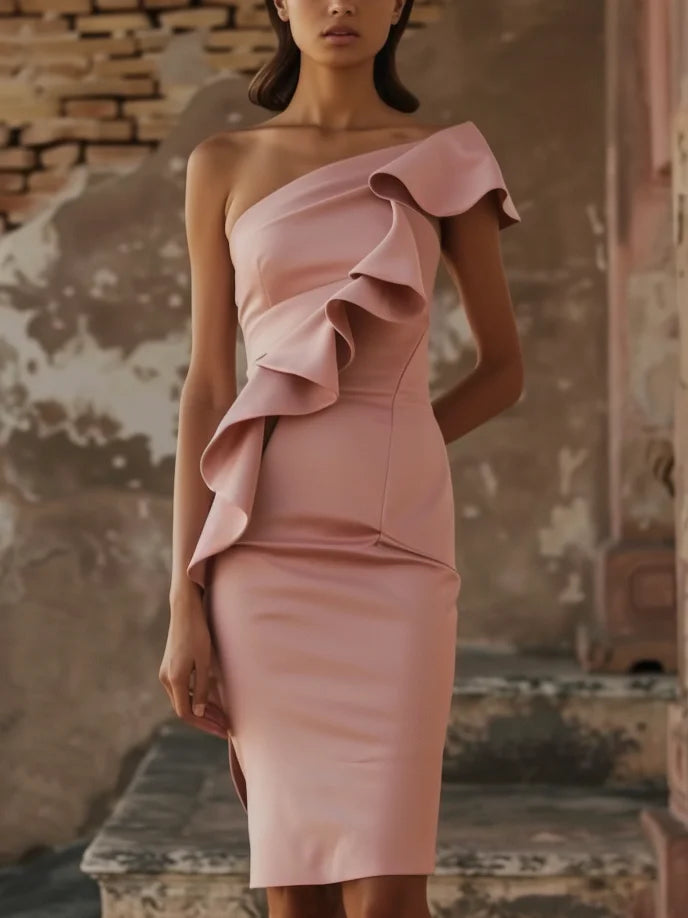 Pink One-Shoulder Ruffled Sheath Midi Dress simple gentle atmospheric and unique desi Bring summer colors to enhance whiteness ﻿