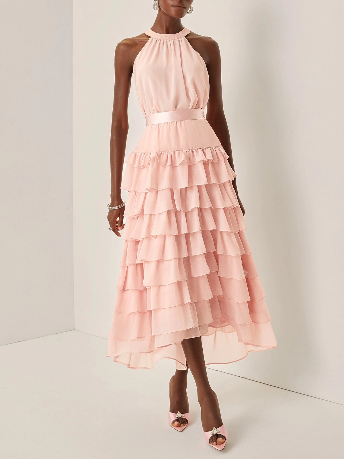 Pink Peplum Tiered Chiffon Halter Sleeveless A-Line Maxi Two-piece Dress simple gentle atmospheric and unique desi Bring summer colors to enhance whiteness