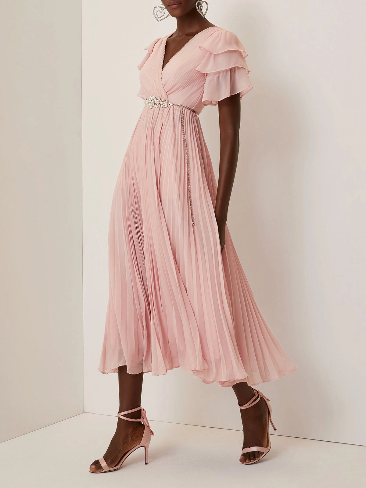 Pink Pleated Rhinestone Chiffon V Neck Short Sleeve Ruffle Sleeve A-Line Maxi Dress simple gentle atmospheric and unique desi Bring summer colors to enhance whiteness