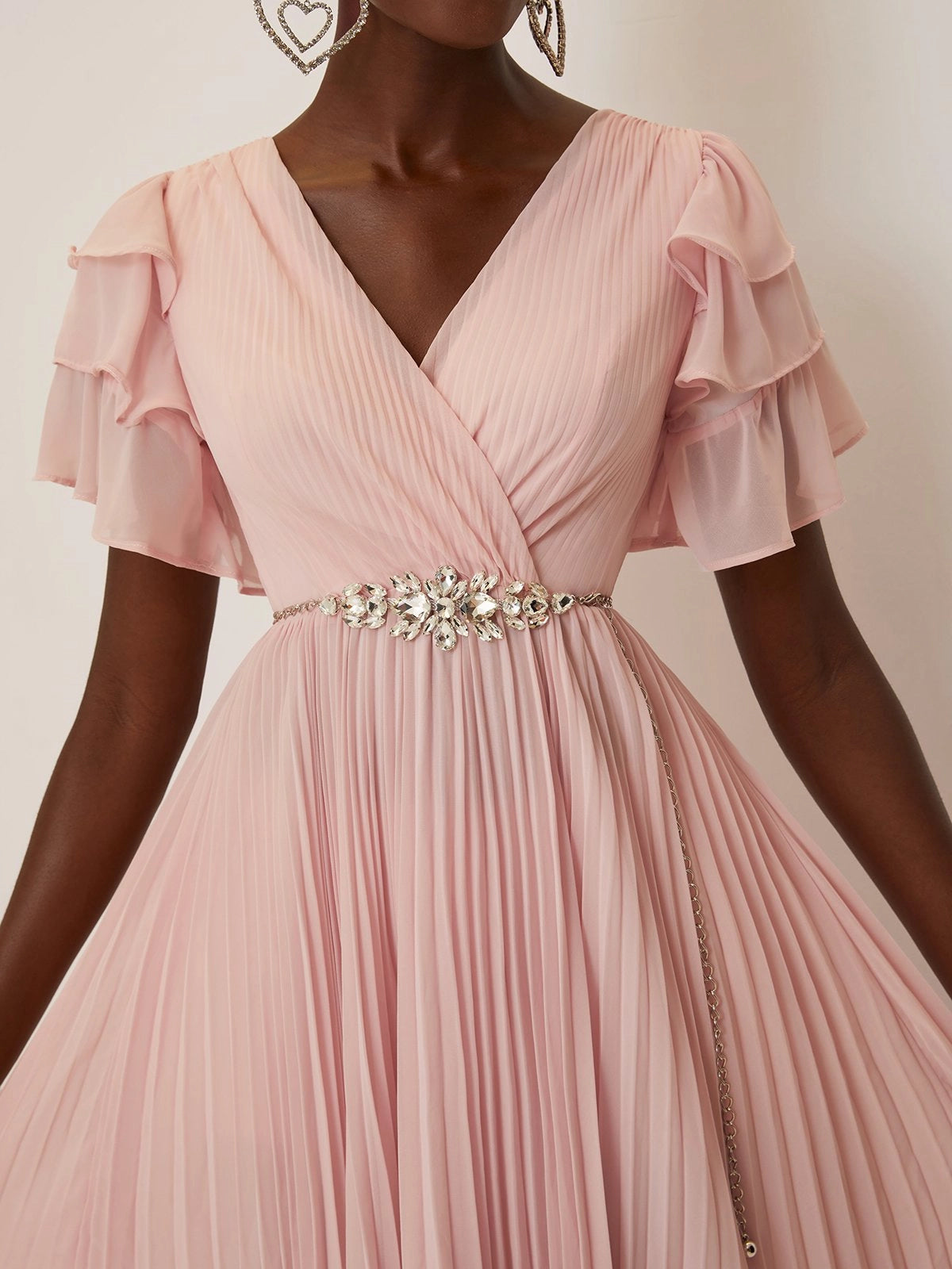 Pink Pleated Rhinestone Chiffon V Neck Short Sleeve Ruffle Sleeve A-Line Maxi Dress simple gentle atmospheric and unique desi Bring summer colors to enhance whiteness