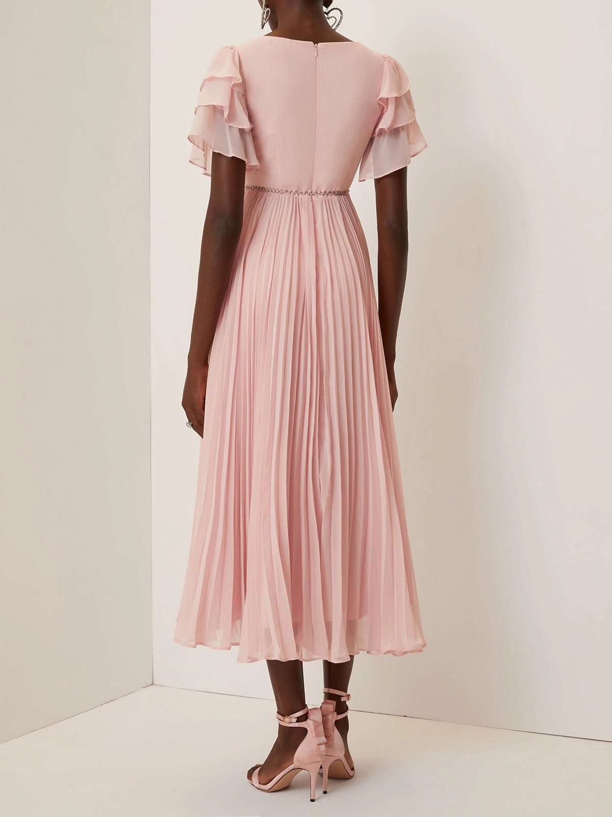 Pink Pleated Rhinestone Chiffon V Neck Short Sleeve Ruffle Sleeve A-Line Maxi Dress simple gentle atmospheric and unique desi Bring summer colors to enhance whiteness