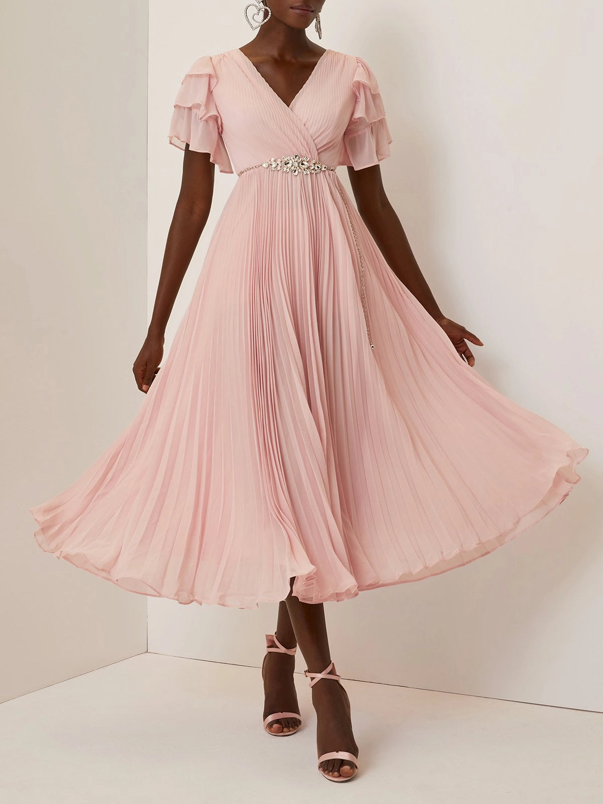 Pink Pleated Rhinestone Chiffon V Neck Short Sleeve Ruffle Sleeve A-Line Maxi Dress simple gentle atmospheric and unique desi Bring summer colors to enhance whiteness