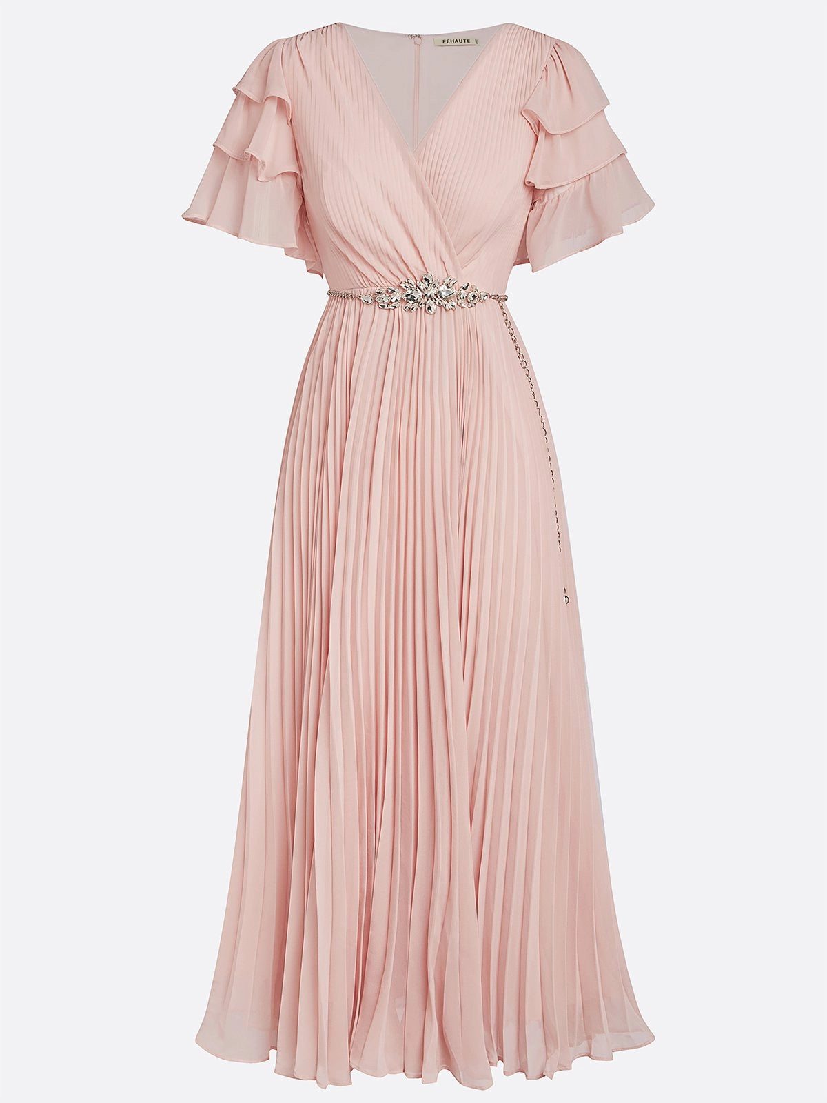 Pink Pleated Rhinestone Chiffon V Neck Short Sleeve Ruffle Sleeve A-Line Maxi Dress simple gentle atmospheric and unique desi Bring summer colors to enhance whiteness