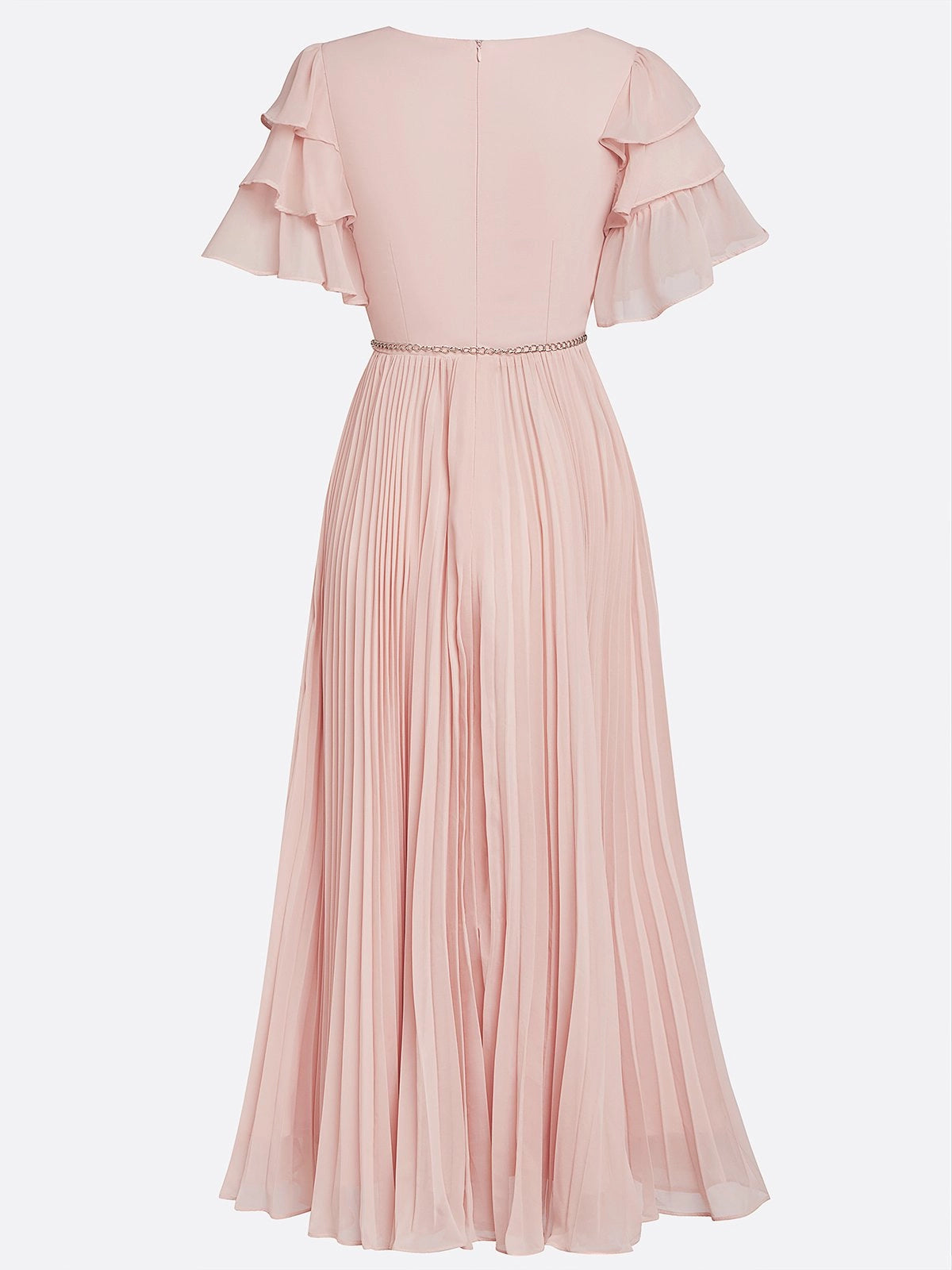 Pink Pleated Rhinestone Chiffon V Neck Short Sleeve Ruffle Sleeve A-Line Maxi Dress simple gentle atmospheric and unique desi Bring summer colors to enhance whiteness
