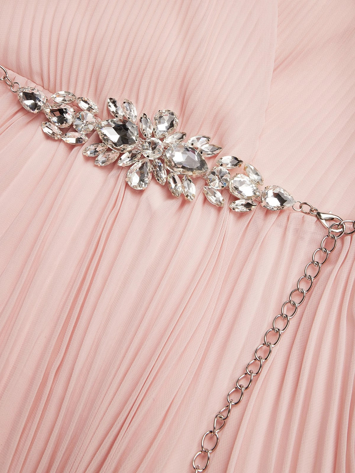 Pink Pleated Rhinestone Chiffon V Neck Short Sleeve Ruffle Sleeve A-Line Maxi Dress simple gentle atmospheric and unique desi Bring summer colors to enhance whiteness