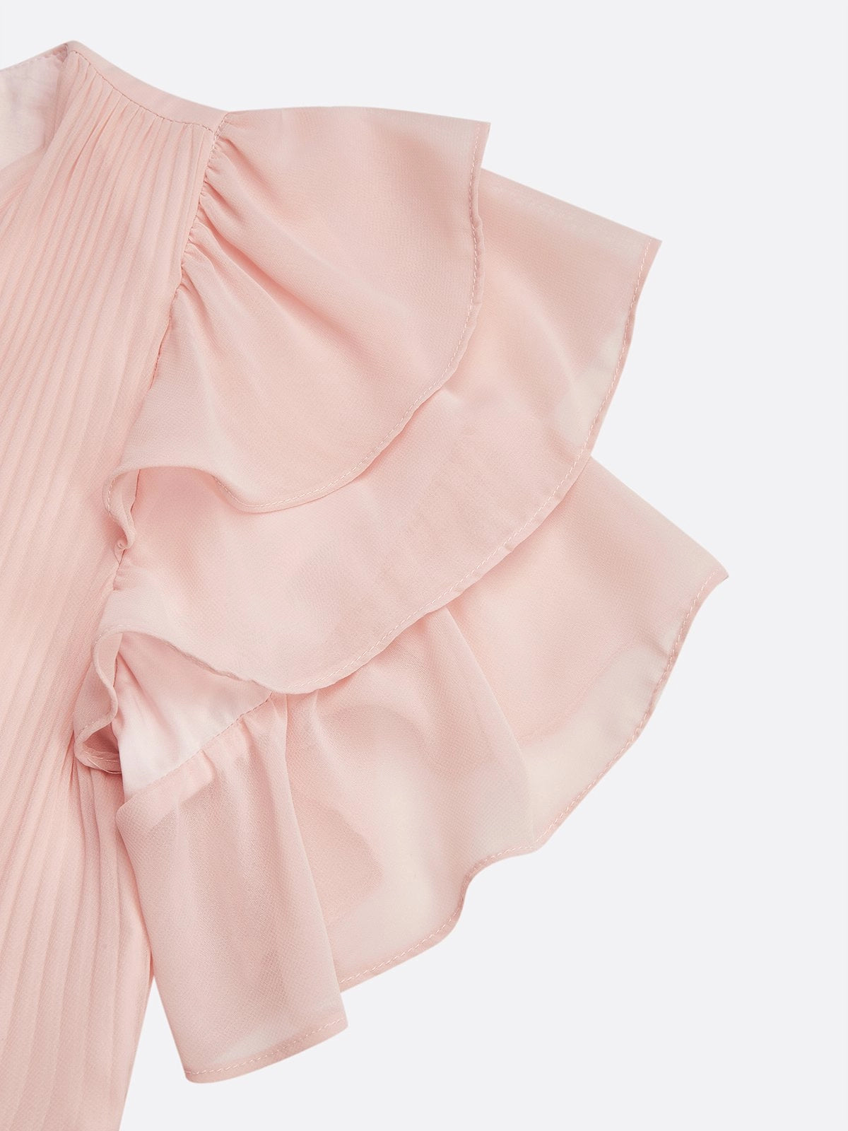 Pink Pleated Rhinestone Chiffon V Neck Short Sleeve Ruffle Sleeve A-Line Maxi Dress simple gentle atmospheric and unique desi Bring summer colors to enhance whiteness