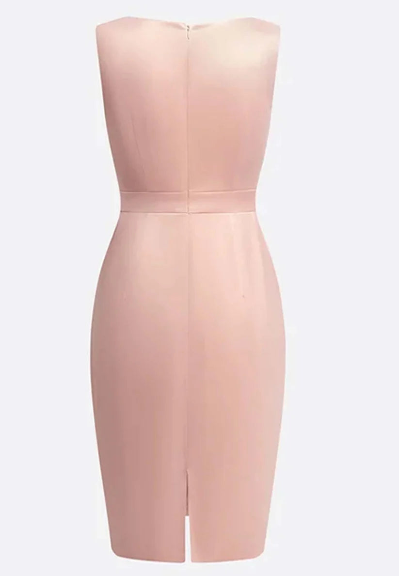 Pink Ruched Boat Neck Sleeveless Satin Sheath Midi Dress simple gentle atmospheric and unique desi Bring summer colors to enhance whiteness