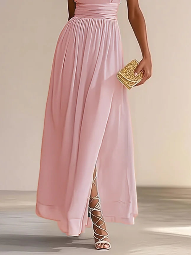 Pink Ruched Slit Chiffon One Shoulder Sleeveless A-Line Maxi Dress simple gentle atmospheric and unique desi Bring summer colors to enhance whiteness