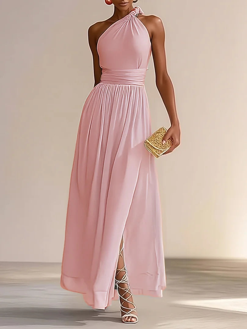 Pink Ruched Slit Chiffon One Shoulder Sleeveless A-Line Maxi Dress simple gentle atmospheric and unique desi Bring summer colors to enhance whiteness