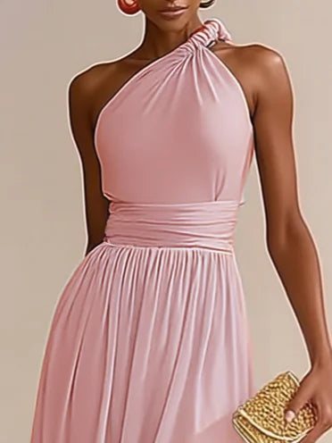 Pink Ruched Slit Chiffon One Shoulder Sleeveless A-Line Maxi Dress simple gentle atmospheric and unique desi Bring summer colors to enhance whiteness