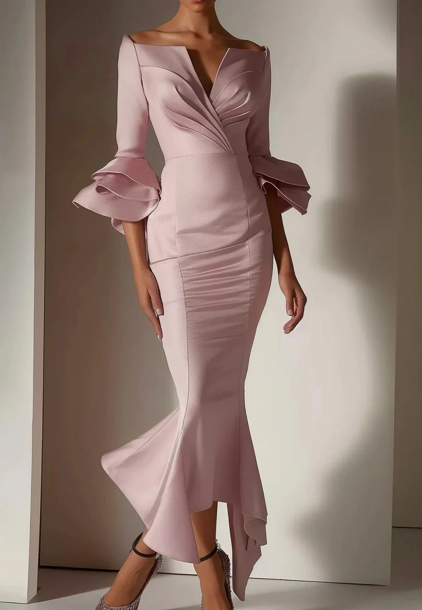 Pink Ruffled Bell Sleeves V Neck Mermaid Maxi Dress simple gentle atmospheric and unique desi Bring summer colors to enhance whiteness