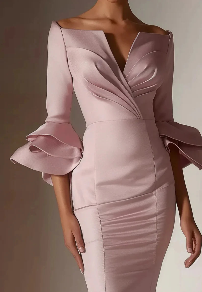 Pink Ruffled Bell Sleeves V Neck Mermaid Maxi Dress simple gentle atmospheric and unique desi Bring summer colors to enhance whiteness