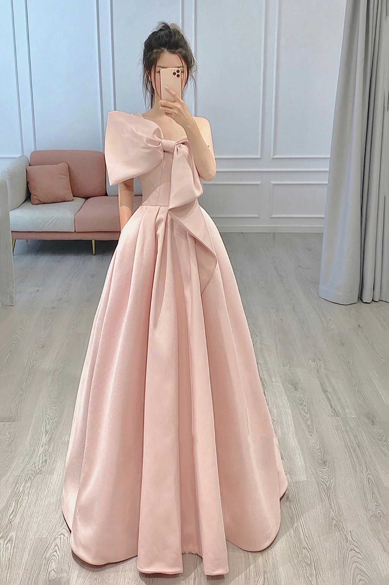 Pink Satin Long A-Line Prom Dress with Bow One Shoulder Evening Party Dress simple gentle atmospheric and unique desi Bring summer colors to enhance whitene