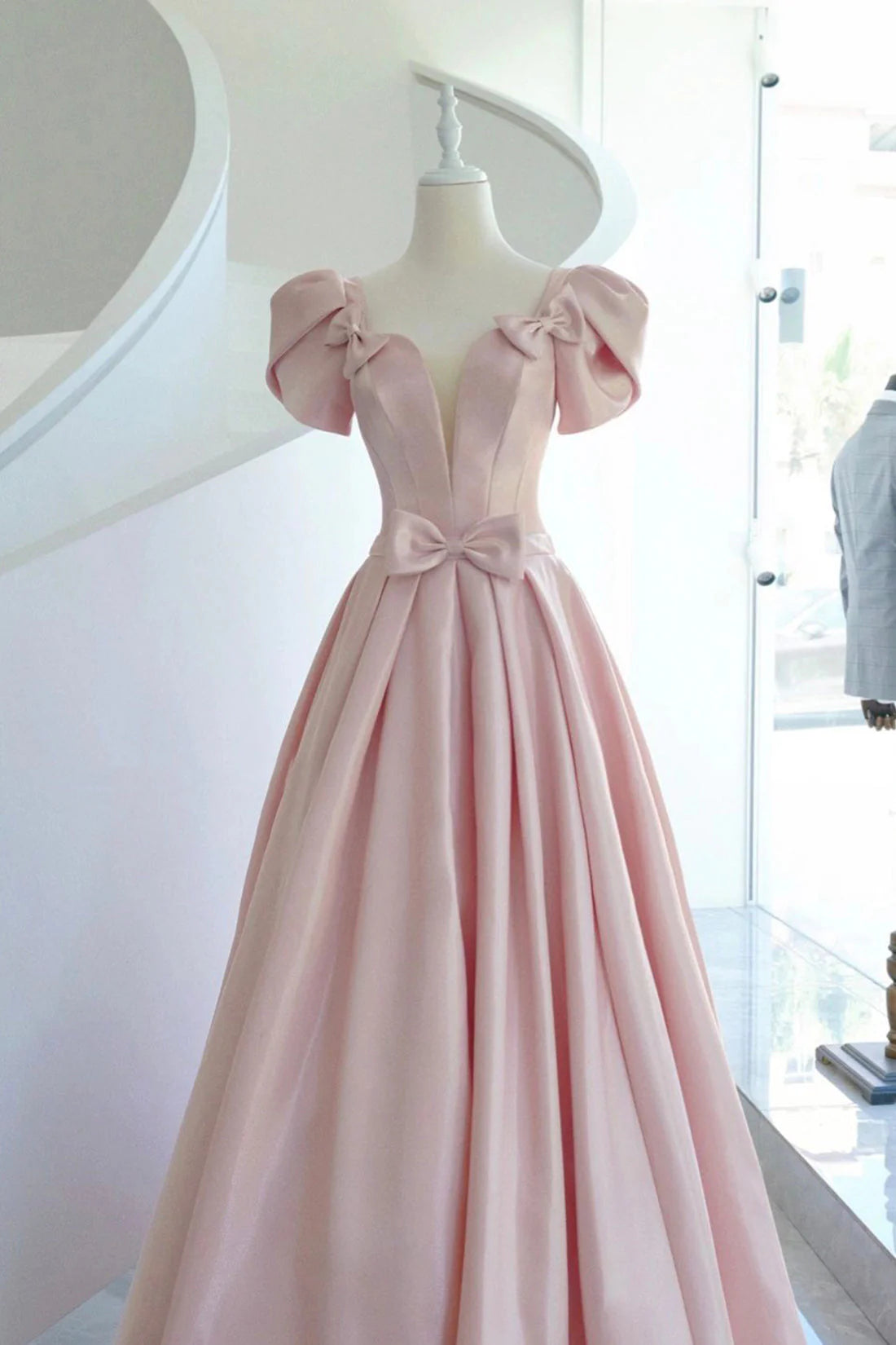 Pink Satin Long Prom Dress Beautiful A-Line Evening Dress with Bow simple gentle atmospheric and unique desi Bring summer colors to enhance white