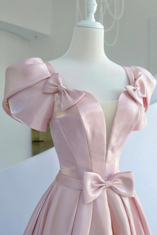 Pink Satin Long Prom Dress Beautiful A-Line Evening Dress with Bow simple gentle atmospheric and unique desi Bring summer colors to enhance white
