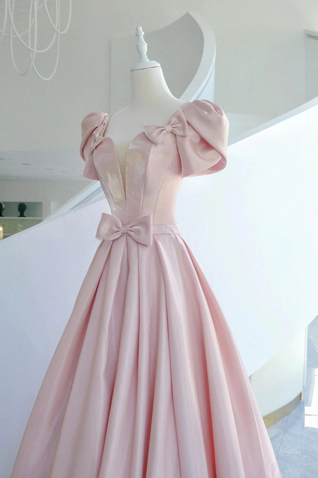 Pink Satin Long Prom Dress Beautiful A-Line Evening Dress with Bow simple gentle atmospheric and unique desi Bring summer colors to enhance white