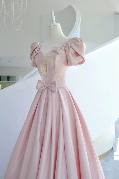 Pink Satin Long Prom Dress Beautiful A-Line Evening Dress with Bow simple gentle atmospheric and unique desi Bring summer colors to enhance white
