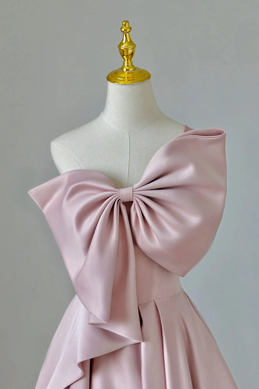 Pink Satin Long Prom Dress with Bow One Shoulder Formal Evening Dress simple gentle atmospheric and unique desi Bring summer colors to enhance white