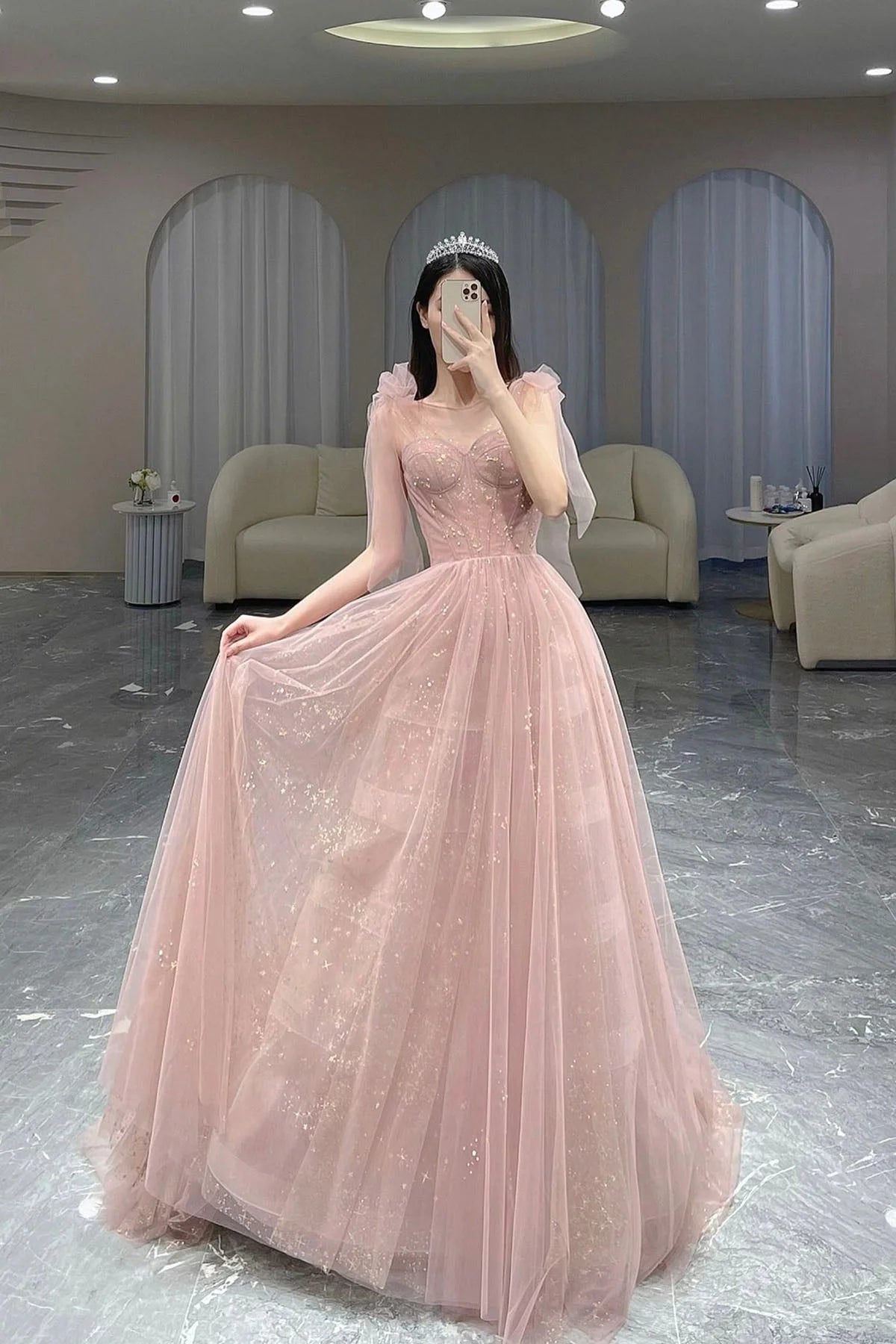 Pink Scoop Tulle Long A-Line Prom Dress Cute Pink Graduation Dress simple gentle atmospheric and unique desi Bring summer colors to enhance white