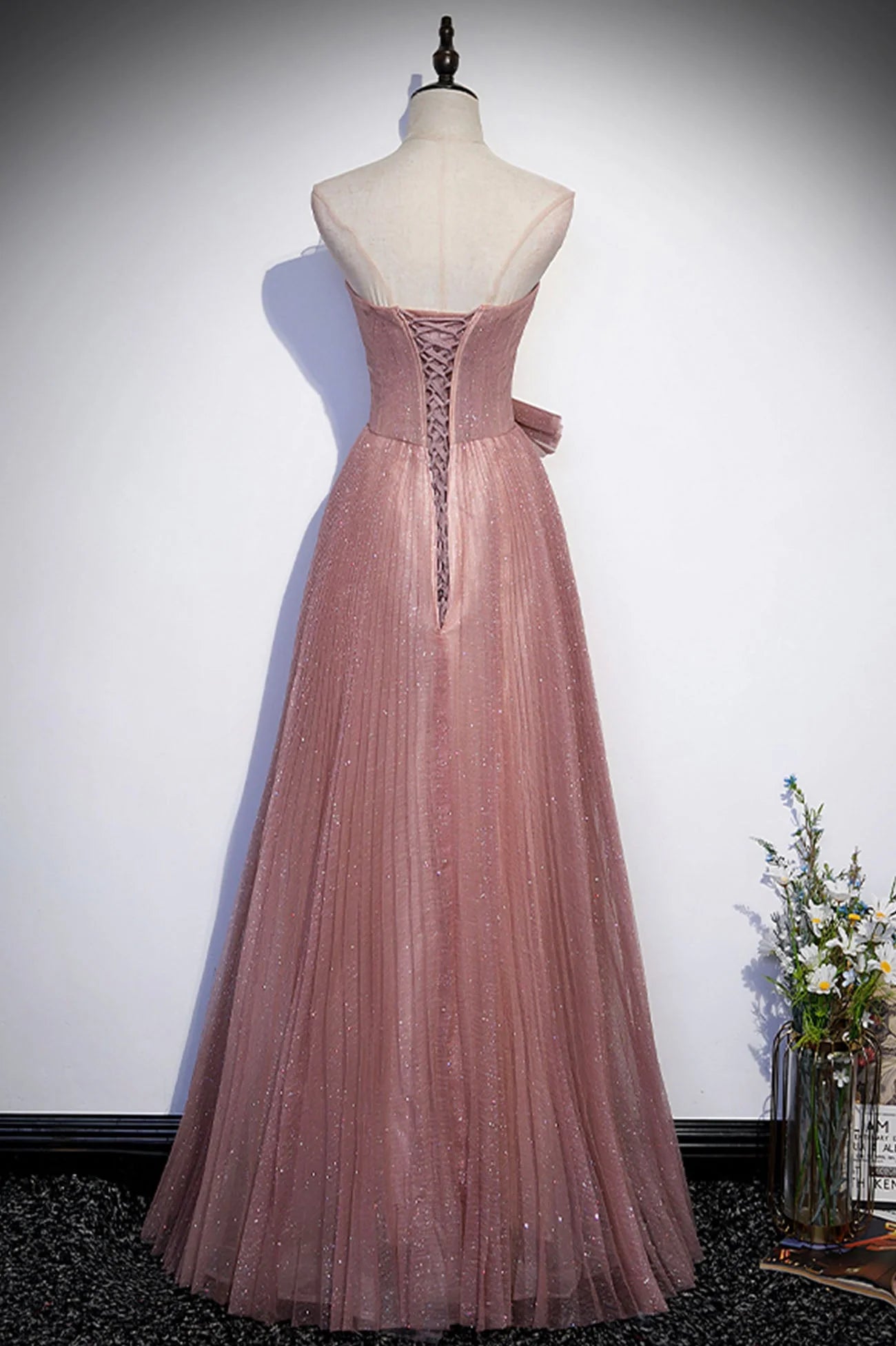 Pink Shiny Tulle Long A-Line Prom Dress Lovely Strapless Evening Dress simple gentle atmospheric and unique desi Bring summer colors to enhance whitenes