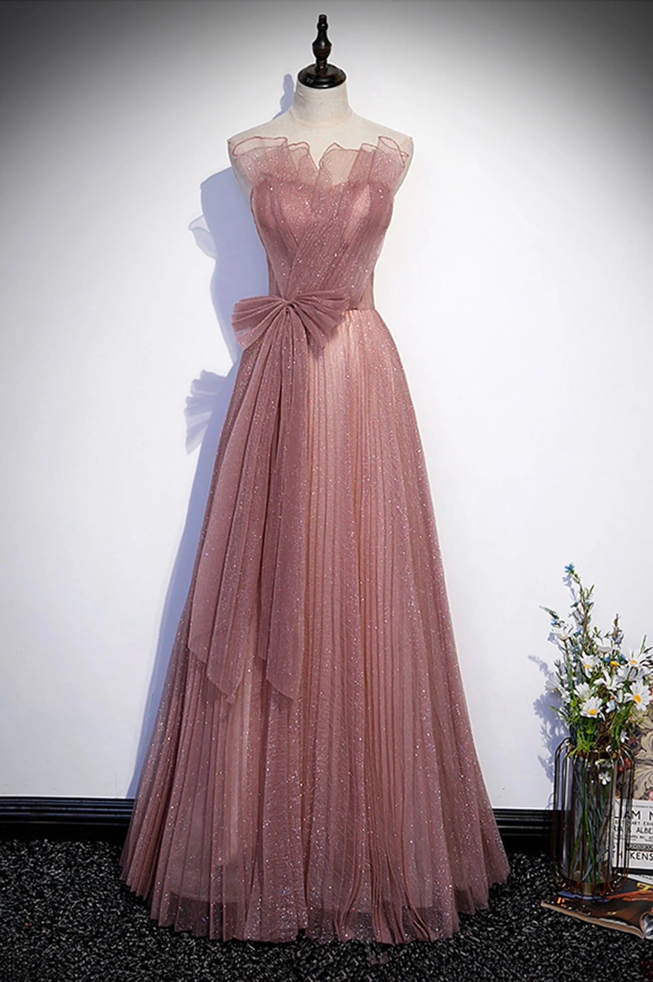 Pink Shiny Tulle Long A-Line Prom Dress Lovely Strapless Evening Dress simple gentle atmospheric and unique desi Bring summer colors to enhance whitenes
