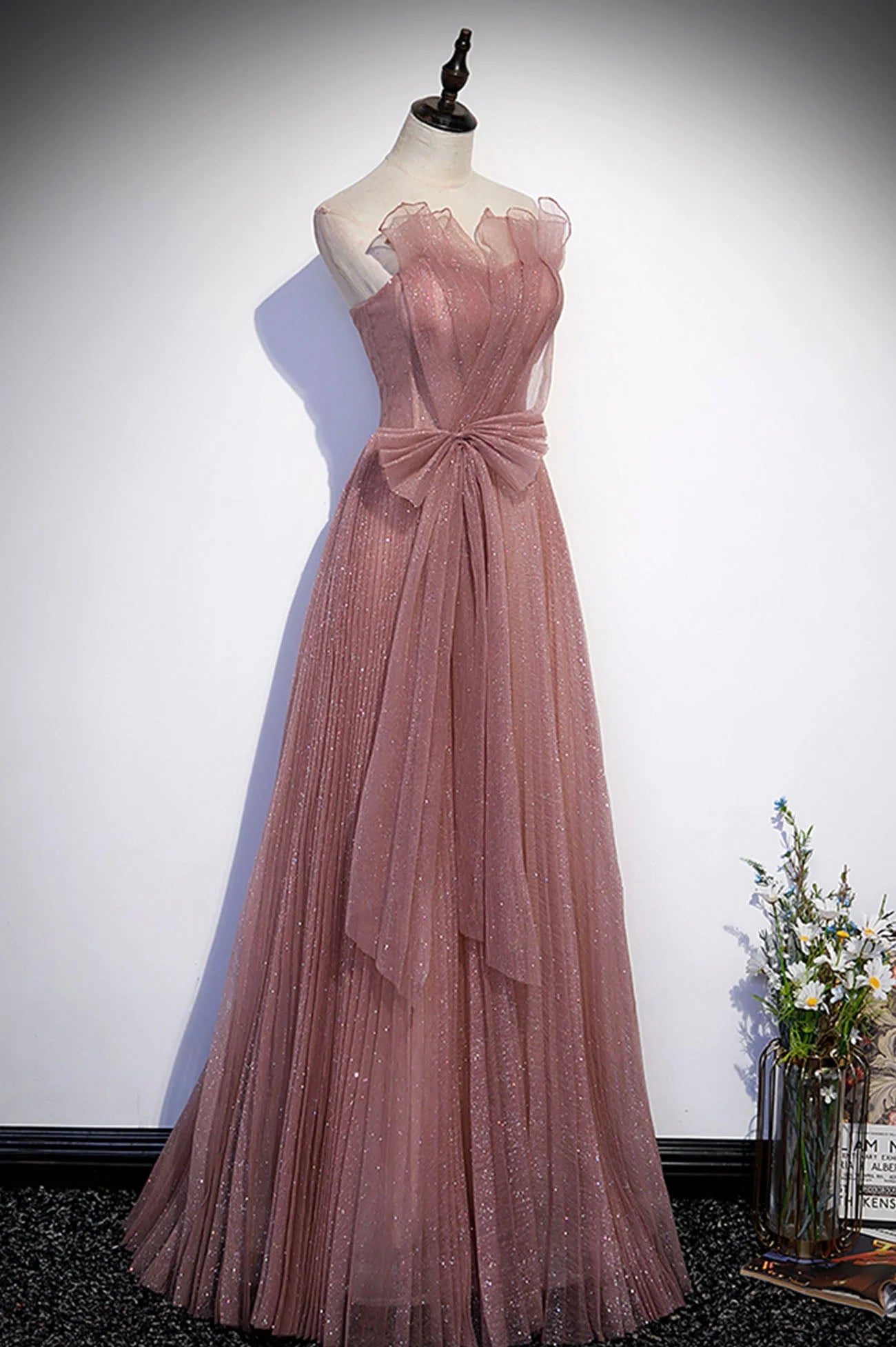 Pink Shiny Tulle Long A-Line Prom Dress Lovely Strapless Evening Dress simple gentle atmospheric and unique desi Bring summer colors to enhance whitenes