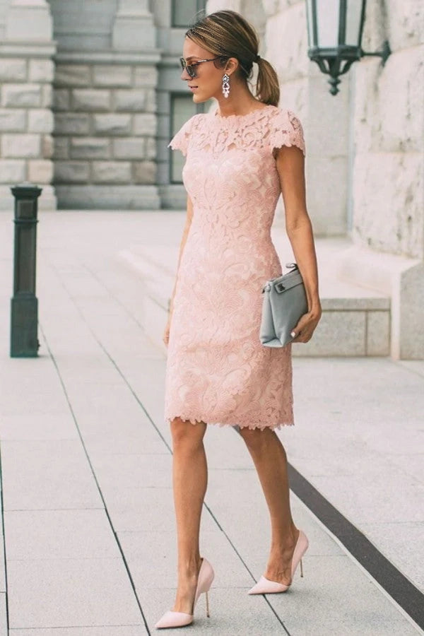 Pink Short Sleeves Lace Prom Dress Knee-Length Simple gentle atmospheric and unique design