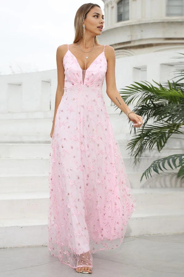 Pink Spaghetti Straps Prom Dress with Flowers simple gentle atmospheric and unique desi