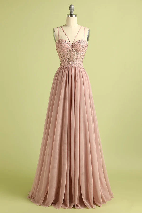 Pink Split Front Spaghetti Straps Prom Dress Simple gentle atmospheric and unique design