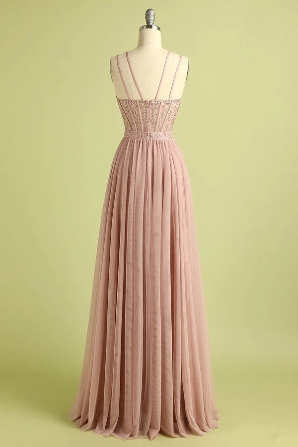 Pink Split Front Spaghetti Straps Prom Dress Simple gentle atmospheric and unique design