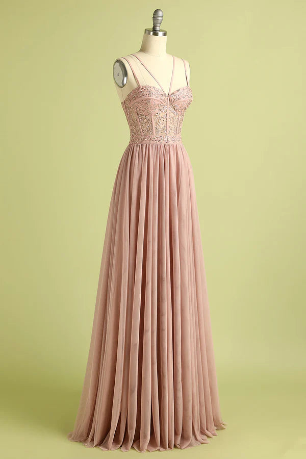 Pink Split Front Spaghetti Straps Prom Dress Simple gentle atmospheric and unique design