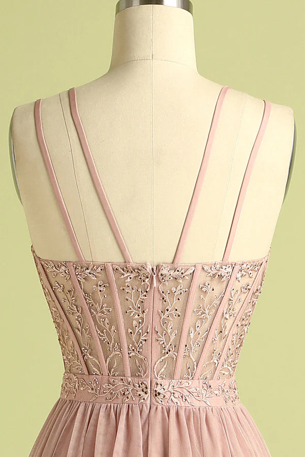 Pink Split Front Spaghetti Straps Prom Dress Simple gentle atmospheric and unique design