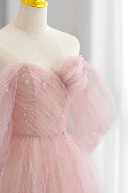 Pink Tulle Floor Length Prom Dress Cute A-Line Evening Party Dress simple gentle atmospheric and unique desi Bring summer colors to enhance white