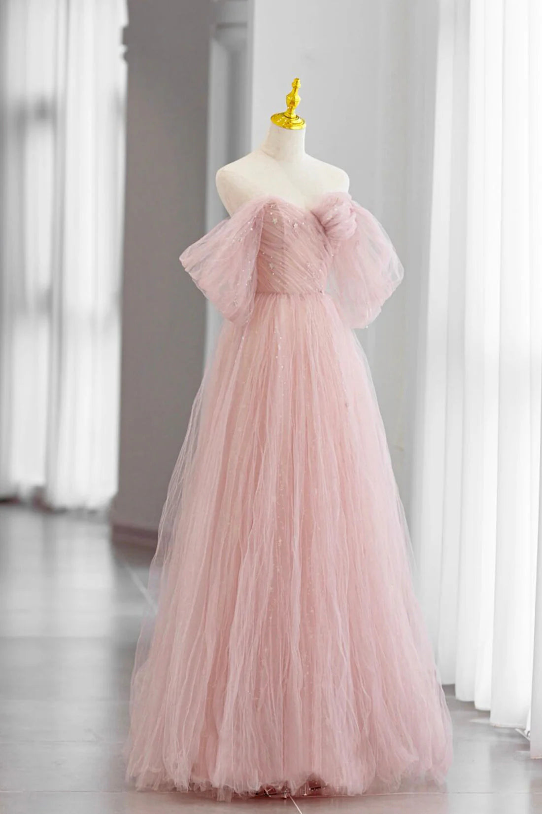 Pink Tulle Floor Length Prom Dress Cute A-Line Evening Party Dress simple gentle atmospheric and unique desi Bring summer colors to enhance white