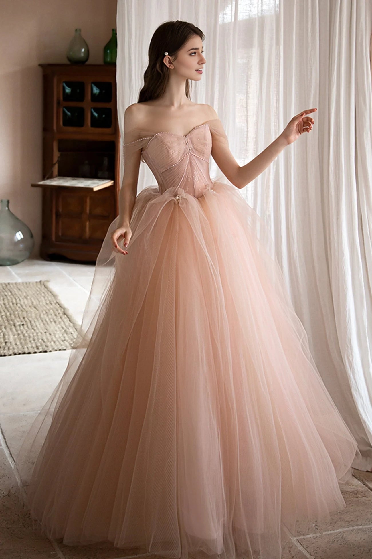 Pink Tulle Lace Long A-Line Prom Dress Lovely Off the Shoulder Party Dress  simple gentle atmospheric and unique desi Bring summer colors to enhance wh