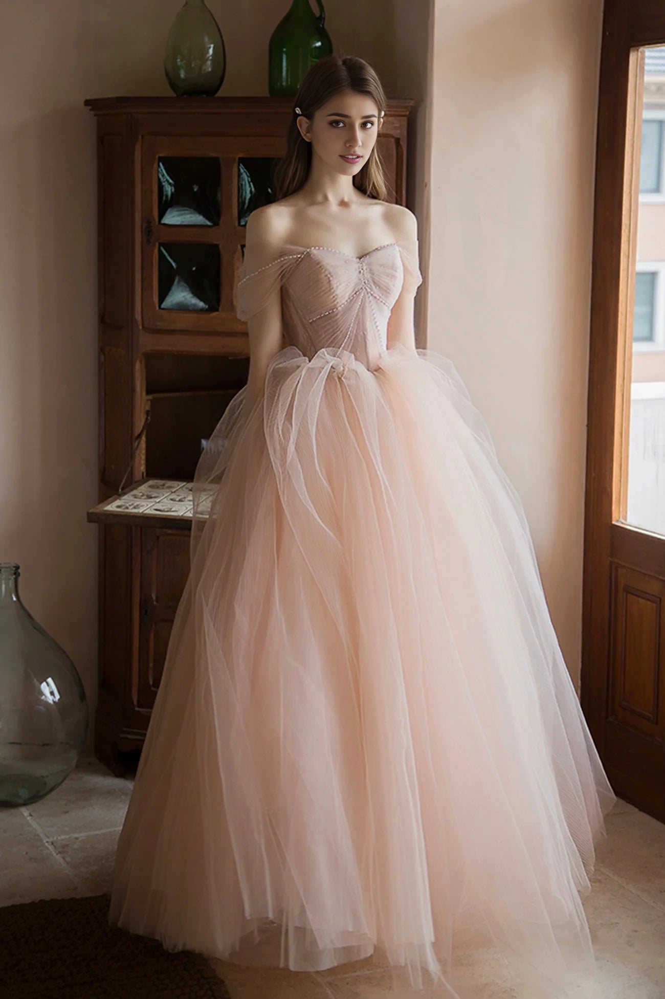 Pink Tulle Lace Long A-Line Prom Dress Lovely Off the Shoulder Party Dress  simple gentle atmospheric and unique desi Bring summer colors to enhance wh