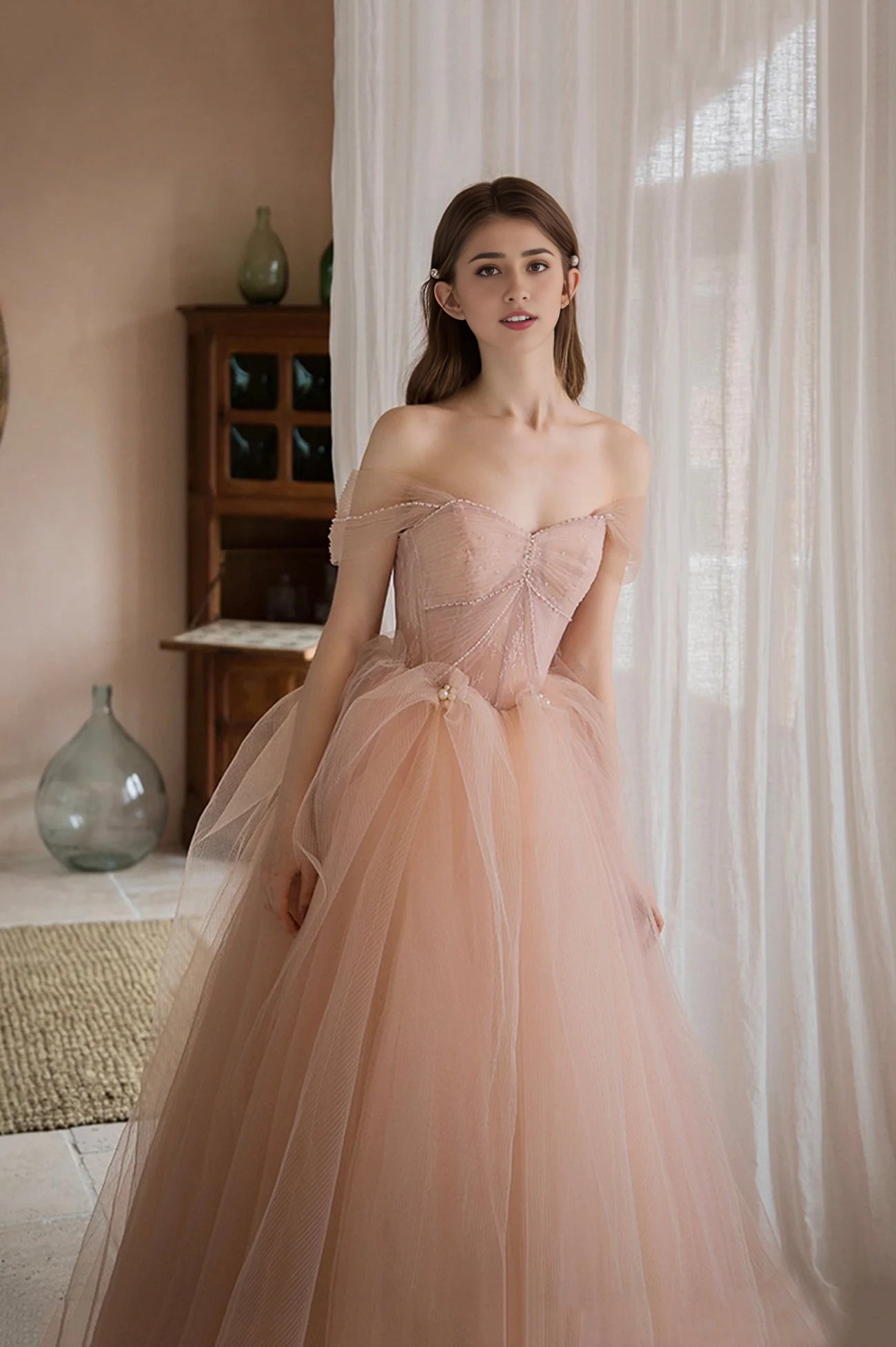Pink Tulle Lace Long A-Line Prom Dress Lovely Off the Shoulder Party Dress  simple gentle atmospheric and unique desi Bring summer colors to enhance wh