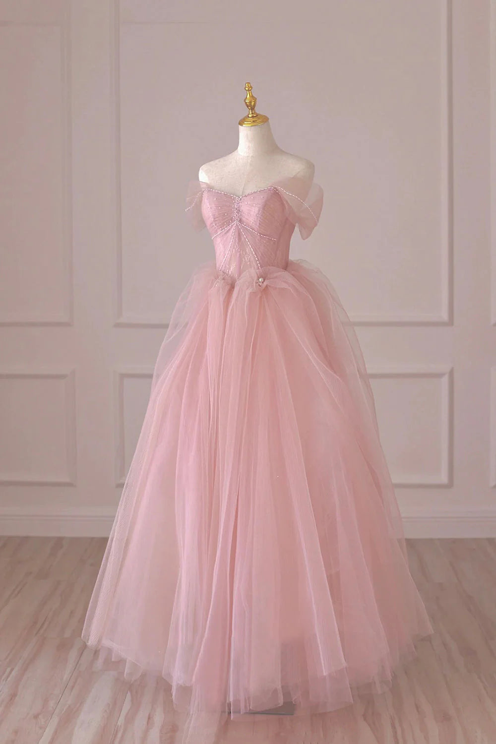 Pink Tulle Lace Long Formal Dress A-Line Off Shoulder Pink Prom Dress simple gentle atmospheric and unique desi Bring summer colors to enhance white