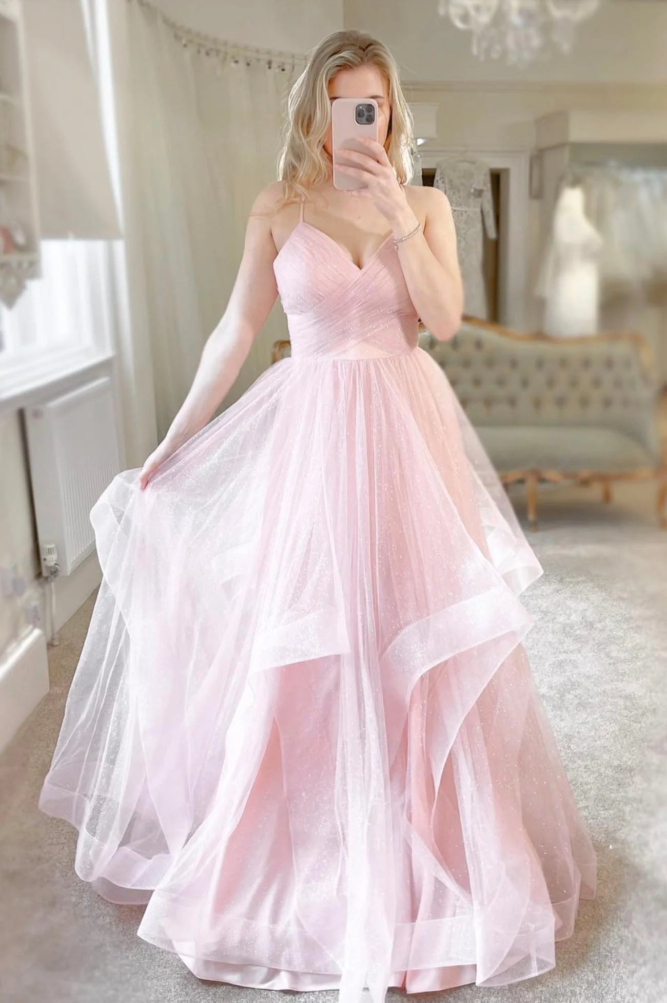 Pink Tulle Long A-Line Prom Dress Pink V-Neck Graduation Dress simple gentle atmospheric and unique desi Bring summer colors to enhance whitenes