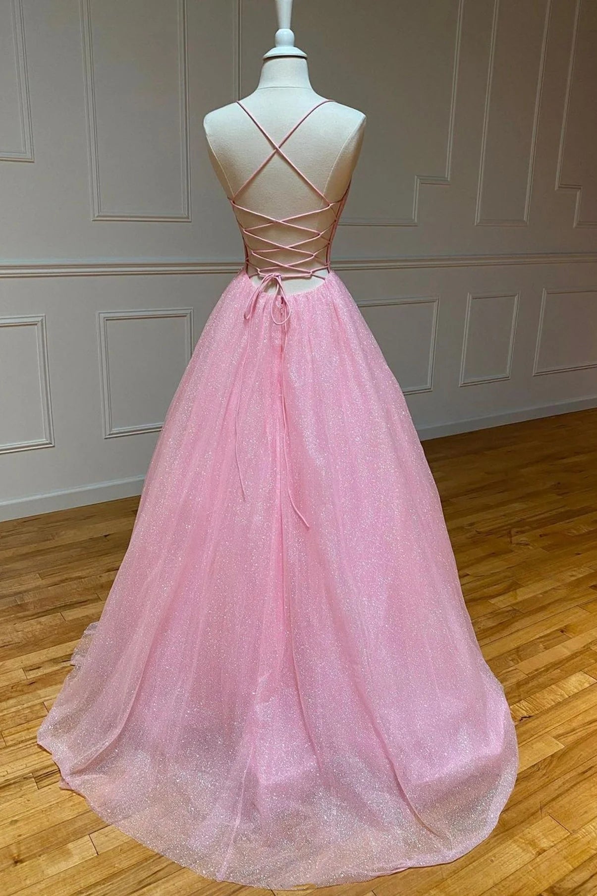 Pink Tulle Long Backless Prom Dress A-Line V Neck Party Dress simple gentle atmospheric and unique desi Bring summer colors to enhance whitenes
