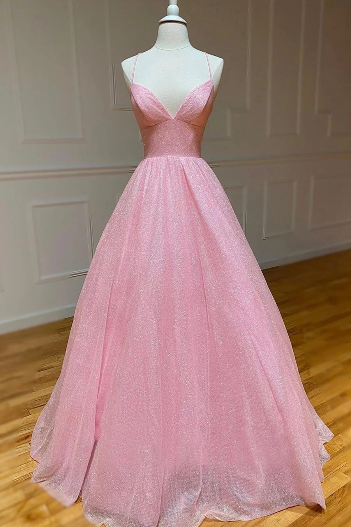 Pink Tulle Long Backless Prom Dress A-Line V Neck Party Dress simple gentle atmospheric and unique desi Bring summer colors to enhance whitenes