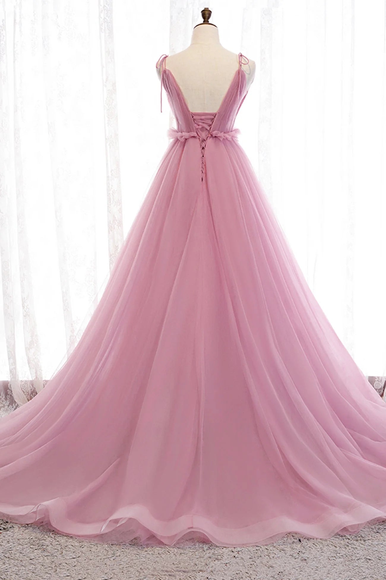 Pink V-Neck Tulle Long Prom Dress A-Line Formal Evening Dress simple gentle atmospheric and unique desi Bring summer colors to enhance whitenes