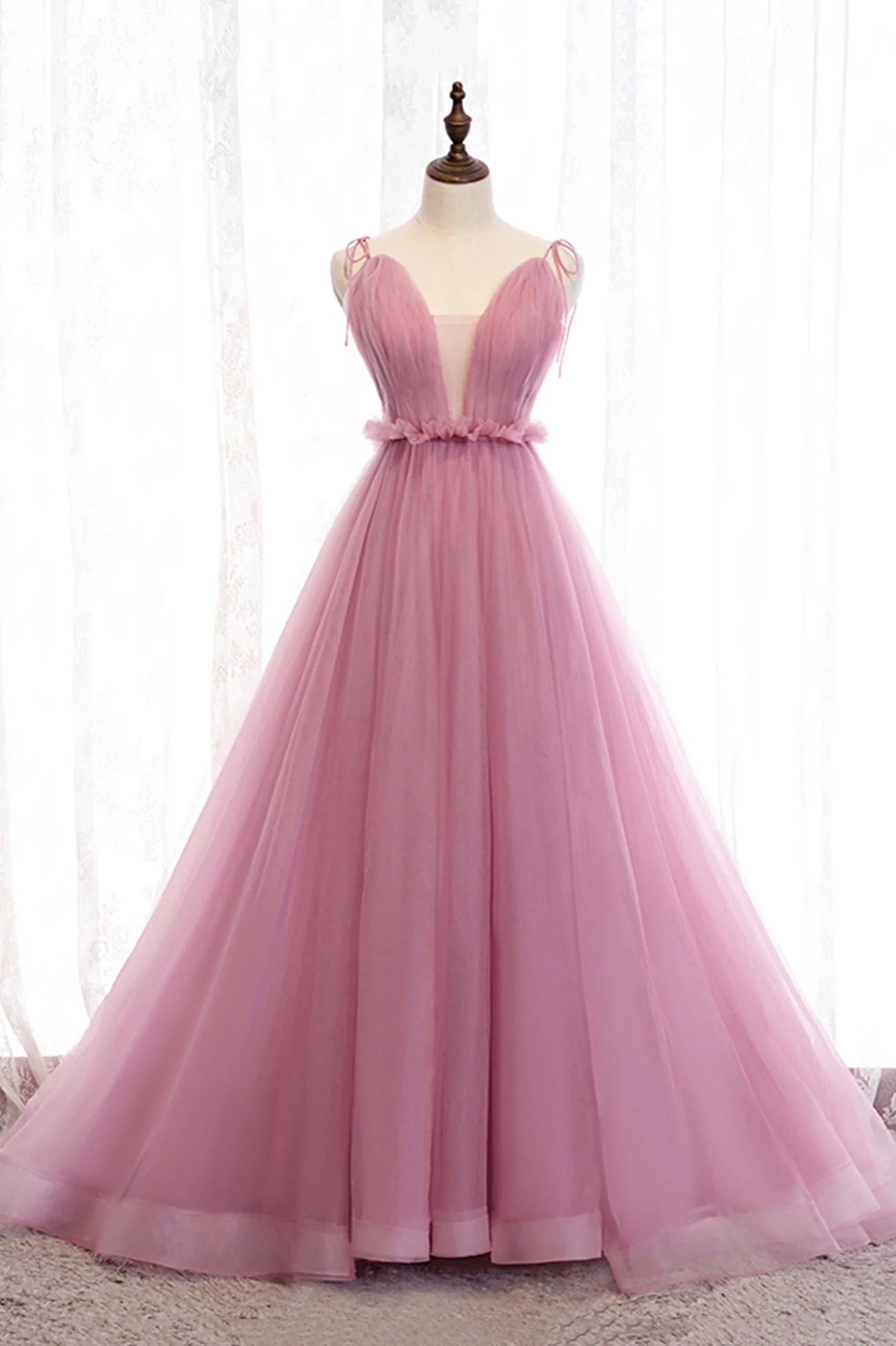 Pink V-Neck Tulle Long Prom Dress A-Line Formal Evening Dress simple gentle atmospheric and unique desi Bring summer colors to enhance whitenes