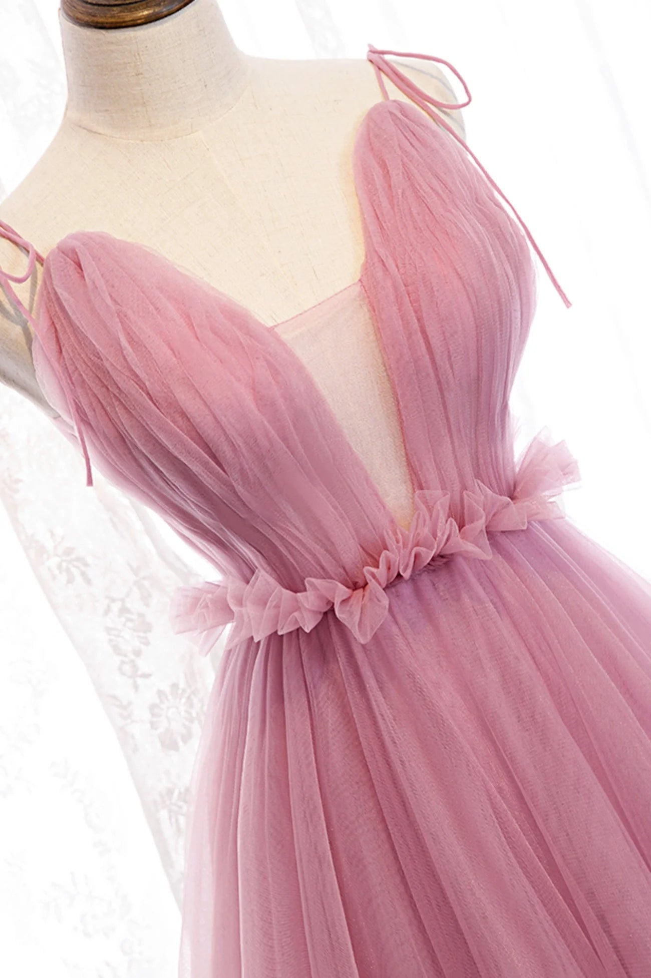Pink V-Neck Tulle Long Prom Dress A-Line Formal Evening Dress simple gentle atmospheric and unique desi Bring summer colors to enhance whitenes