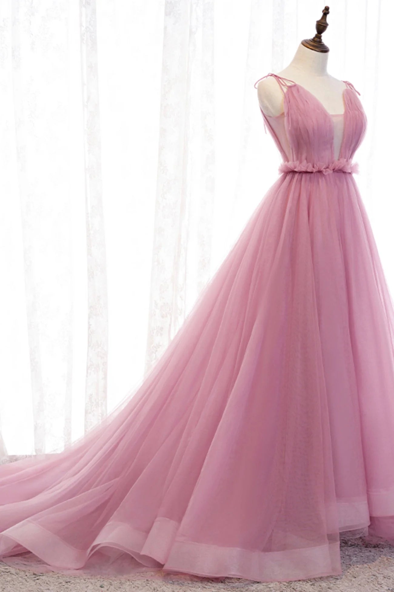 Pink V-Neck Tulle Long Prom Dress A-Line Formal Evening Dress simple gentle atmospheric and unique desi Bring summer colors to enhance whitenes
